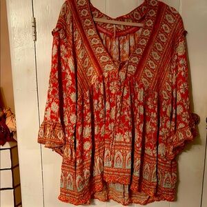 Free People Boho Orange Floral tunic Flowy top EUC L